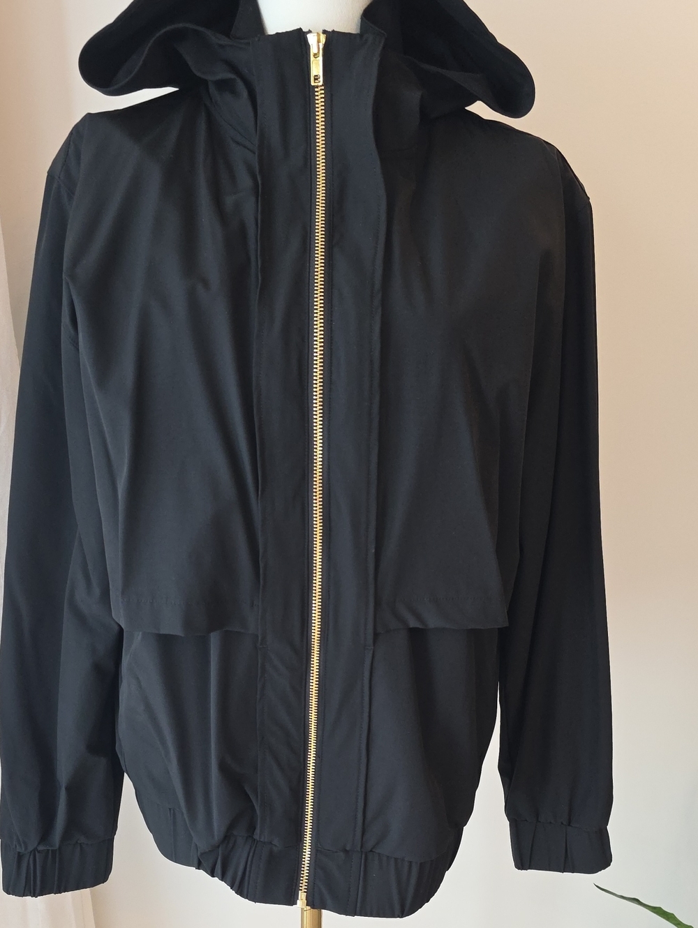 Mono B Black Hooded Windbreaker with Gold Zipper Converts to a Vest